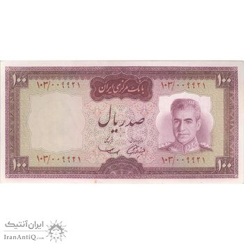 اسکناس 100 ریال (آموزگار - سمیعی) نوشته قرمز - تک - UNC62 - محمد رضا شاه