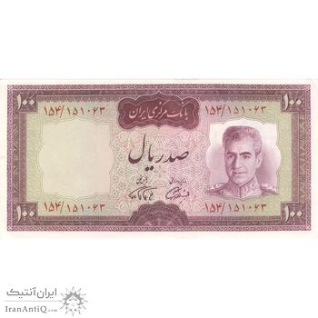 اسکناس 100 ریال (آموزگار - فرمان فرماییان) نوشته قرمز - تک - AU50 - محمد رضا شاه