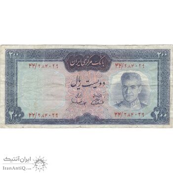 اسکناس 200 ریال (آموزگار - سمیعی) نوشته قرمز - تک - VF25 - محمد رضا شاه