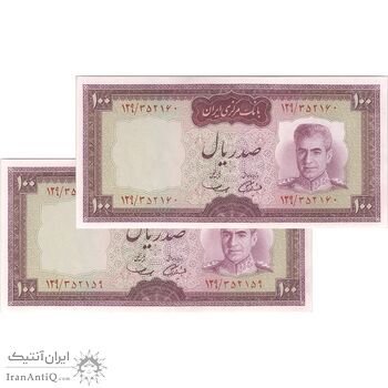 اسکناس 100 ریال (آموزگار - سمیعی) نوشته قرمز - جفت - UNC62 - محمد رضا شاه