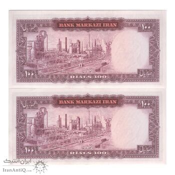 اسکناس 100 ریال (آموزگار - سمیعی) نوشته قرمز - جفت - UNC62 - محمد رضا شاه