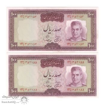 اسکناس 100 ریال (آموزگار - سمیعی) نوشته قرمز - جفت - UNC62 - محمد رضا شاه