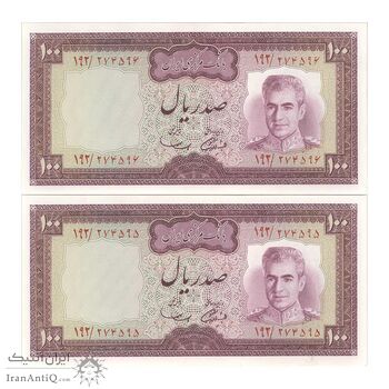 اسکناس 100 ریال (آموزگار - سمیعی) نوشته سیاه - جفت - UNC62 - محمد رضا شاه