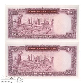 اسکناس 100 ریال (آموزگار - سمیعی) نوشته سیاه - جفت - UNC62 - محمد رضا شاه