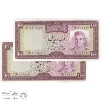 اسکناس 100 ریال (آموزگار - سمیعی) نوشته سیاه - جفت - UNC63 - محمد رضا شاه