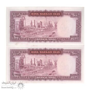 اسکناس 100 ریال (آموزگار - سمیعی) نوشته سیاه - جفت - UNC63 - محمد رضا شاه