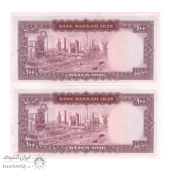 اسکناس 100 ریال (آموزگار - سمیعی) نوشته قرمز - جفت - UNC63 - محمد رضا شاه