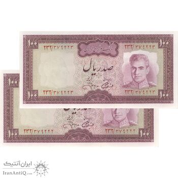 اسکناس 100 ریال (آموزگار - جهانشاهی) - جفت - UNC62 - محمد رضا شاه