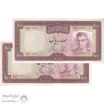 اسکناس 100 ریال (آموزگار - جهانشاهی) - جفت - AU58 - محمد رضا شاه