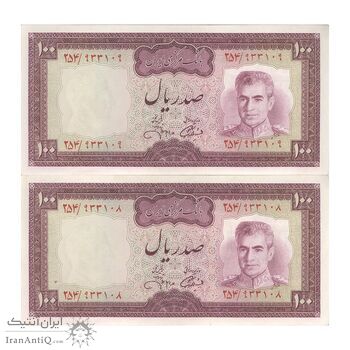 اسکناس 100 ریال (آموزگار - جهانشاهی) - جفت - AU58 - محمد رضا شاه