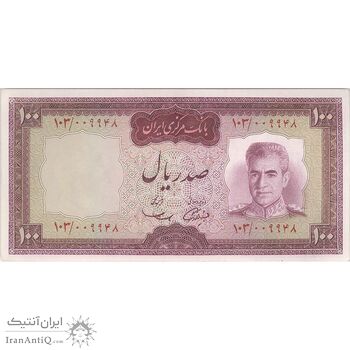 اسکناس 100 ریال (آموزگار - سمیعی) نوشته قرمز - تک - UNC63 - محمد رضا شاه