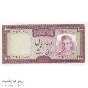 اسکناس 100 ریال (آموزگار - سمیعی) نوشته سیاه - تک - UNC63 - محمد رضا شاه