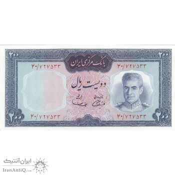 اسکناس 200 ریال (آموزگار - سمیعی) نوشته قرمز - تک - UNC64 - محمد رضا شاه