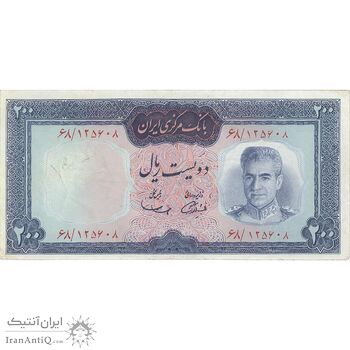 اسکناس 200 ریال (آموزگار - سمیعی) نوشته قرمز - تک - AU50 - محمد رضا شاه