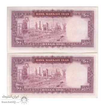 اسکناس 100 ریال (آموزگار - جهانشاهی) - جفت - EF45 - محمد رضا شاه