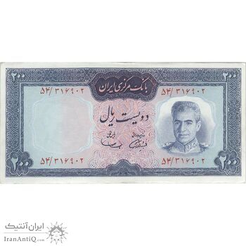 اسکناس 200 ریال (آموزگار - سمیعی) نوشته قرمز - تک - AU58 - محمد رضا شاه