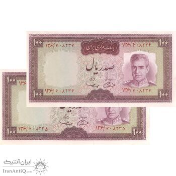 اسکناس 100 ریال (آموزگار - سمیعی) نوشته قرمز - جفت - UNC63 - محمد رضا شاه