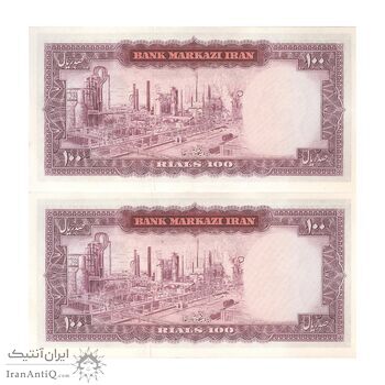 اسکناس 100 ریال (آموزگار - سمیعی) نوشته قرمز - جفت - UNC63 - محمد رضا شاه