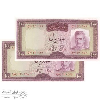 اسکناس 100 ریال (آموزگار - فرمان فرماییان) نوشته قرمز - جفت - UNC63 - محمد رضا شاه