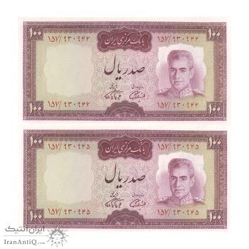 اسکناس 100 ریال (آموزگار - فرمان فرماییان) نوشته قرمز - جفت - UNC63 - محمد رضا شاه