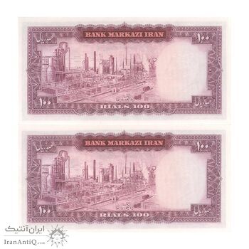 اسکناس 100 ریال (آموزگار - فرمان فرماییان) نوشته قرمز - جفت - UNC63 - محمد رضا شاه