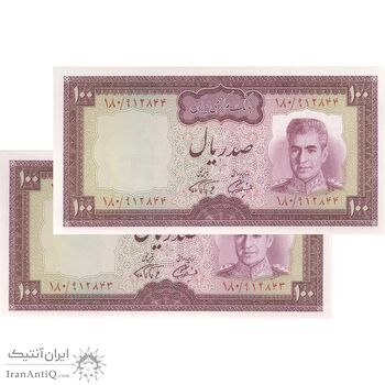 اسکناس 100 ریال (آموزگار - فرمان فرماییان) نوشته سیاه - جفت - UNC63 - محمد رضا شاه