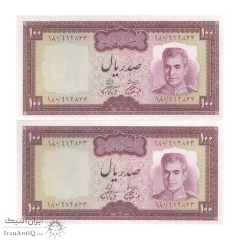 اسکناس 100 ریال (آموزگار - فرمان فرماییان) نوشته سیاه - جفت - UNC63 - محمد رضا شاه