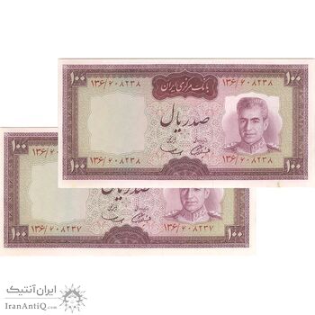 اسکناس 100 ریال (آموزگار - سمیعی) نوشته قرمز - جفت - UNC62 - محمد رضا شاه