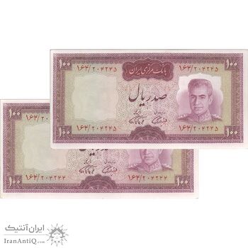 اسکناس 100 ریال (آموزگار - فرمان فرماییان) نوشته قرمز - جفت - UNC61 - محمد رضا شاه