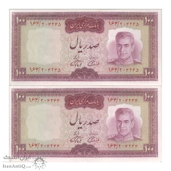 اسکناس 100 ریال (آموزگار - فرمان فرماییان) نوشته قرمز - جفت - UNC61 - محمد رضا شاه