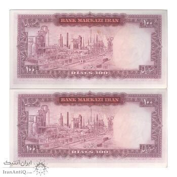 اسکناس 100 ریال (آموزگار - فرمان فرماییان) نوشته قرمز - جفت - UNC61 - محمد رضا شاه
