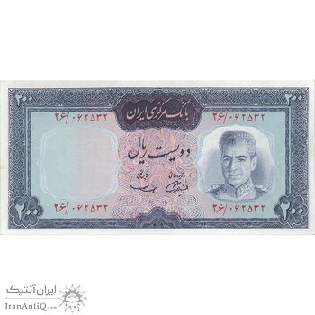 اسکناس 200 ریال (آموزگار - سمیعی) نوشته قرمز - تک - AU58 - محمد رضا شاه
