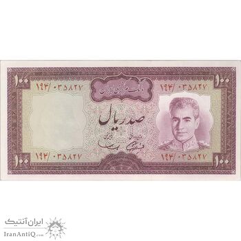 اسکناس 100 ریال (آموزگار - سمیعی) نوشته سیاه - تک - UNC63 - محمد رضا شاه
