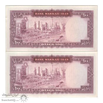 اسکناس 100 ریال (آموزگار - سمیعی) نوشته قرمز - جفت - AU55 - محمد رضا شاه