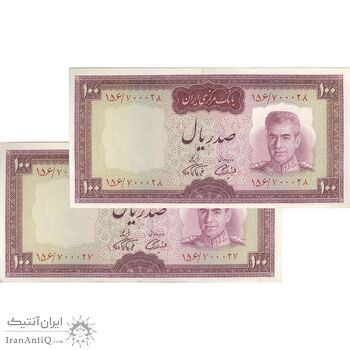 اسکناس 100 ریال (آموزگار - فرمان فرماییان) نوشته قرمز - جفت - UNC62 - محمد رضا شاه