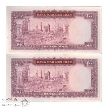 اسکناس 100 ریال (آموزگار - فرمان فرماییان) نوشته قرمز - جفت - UNC62 - محمد رضا شاه