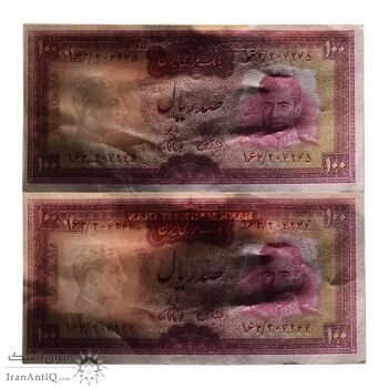 اسکناس 100 ریال (آموزگار - فرمان فرماییان) نوشته قرمز - جفت - UNC61 - محمد رضا شاه