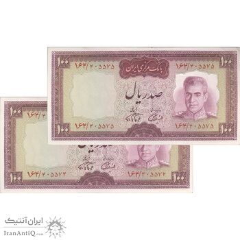 اسکناس 100 ریال (آموزگار - فرمان فرماییان) نوشته قرمز - جفت - AU55 - محمد رضا شاه