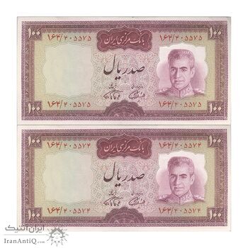 اسکناس 100 ریال (آموزگار - فرمان فرماییان) نوشته قرمز - جفت - AU55 - محمد رضا شاه