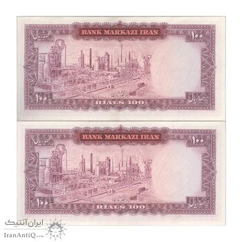 اسکناس 100 ریال (آموزگار - فرمان فرماییان) نوشته قرمز - جفت - AU55 - محمد رضا شاه