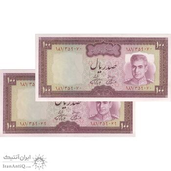 اسکناس 100 ریال (آموزگار - فرمان فرماییان) نوشته سیاه - جفت - UNC62 - محمد رضا شاه