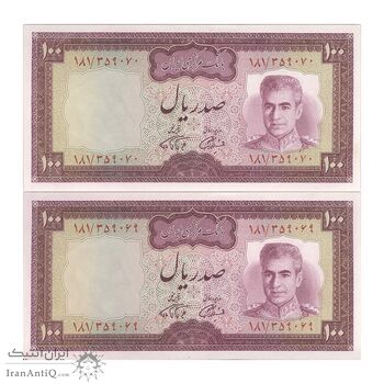 اسکناس 100 ریال (آموزگار - فرمان فرماییان) نوشته سیاه - جفت - UNC62 - محمد رضا شاه