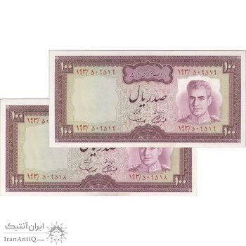 اسکناس 100 ریال (آموزگار - سمیعی) نوشته سیاه - جفت - AU58 - محمد رضا شاه