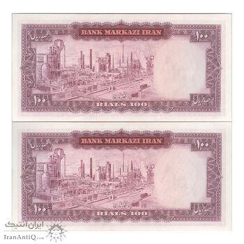 اسکناس 100 ریال (آموزگار - سمیعی) نوشته سیاه - جفت - AU58 - محمد رضا شاه