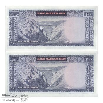 اسکناس 200 ریال (آموزگار - سمیعی) نوشته قرمز - جفت - AU58 - محمد رضا شاه