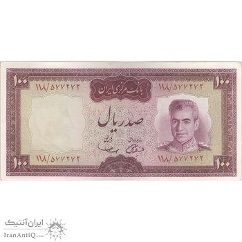 اسکناس 100 ریال (آموزگار - سمیعی) نوشته قرمز - تک - AU50 - محمد رضا شاه