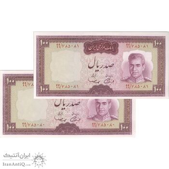 اسکناس 100 ریال (آموزگار - سمیعی) نوشته قرمز - جفت - UNC63 - محمد رضا شاه