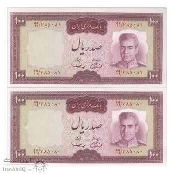 اسکناس 100 ریال (آموزگار - سمیعی) نوشته قرمز - جفت - UNC63 - محمد رضا شاه