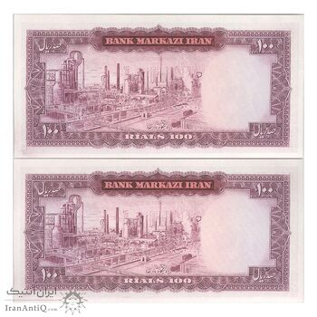 اسکناس 100 ریال (آموزگار - سمیعی) نوشته قرمز - جفت - UNC63 - محمد رضا شاه
