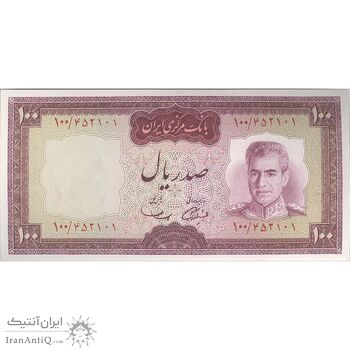اسکناس 100 ریال (آموزگار - سمیعی) نوشته قرمز - تک - UNC63 - محمد رضا شاه